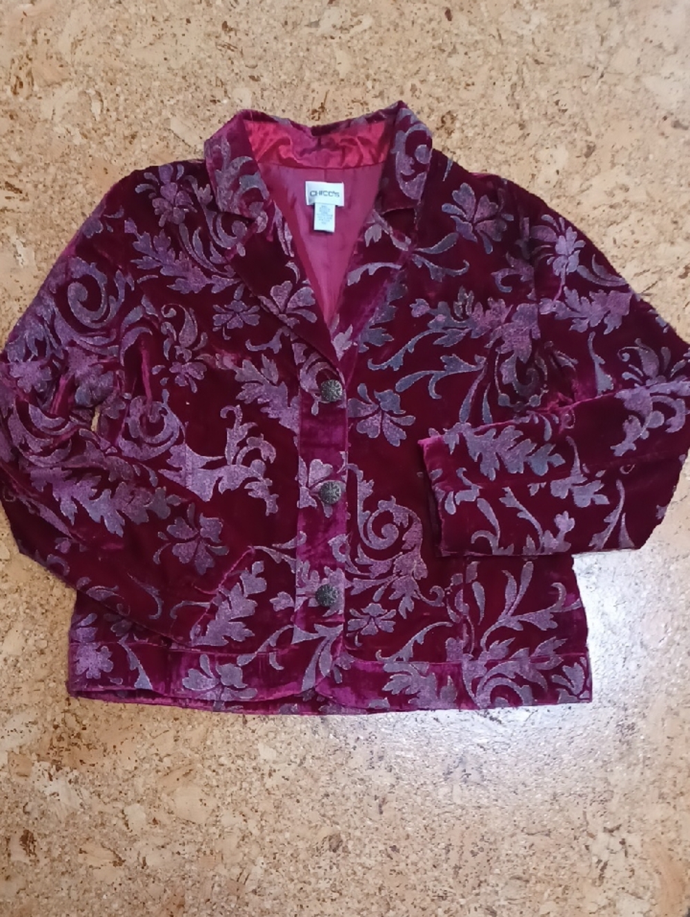 Chico's Women's Deep Red Floral Velvet Burnout Jacket Size 1 (M/8)